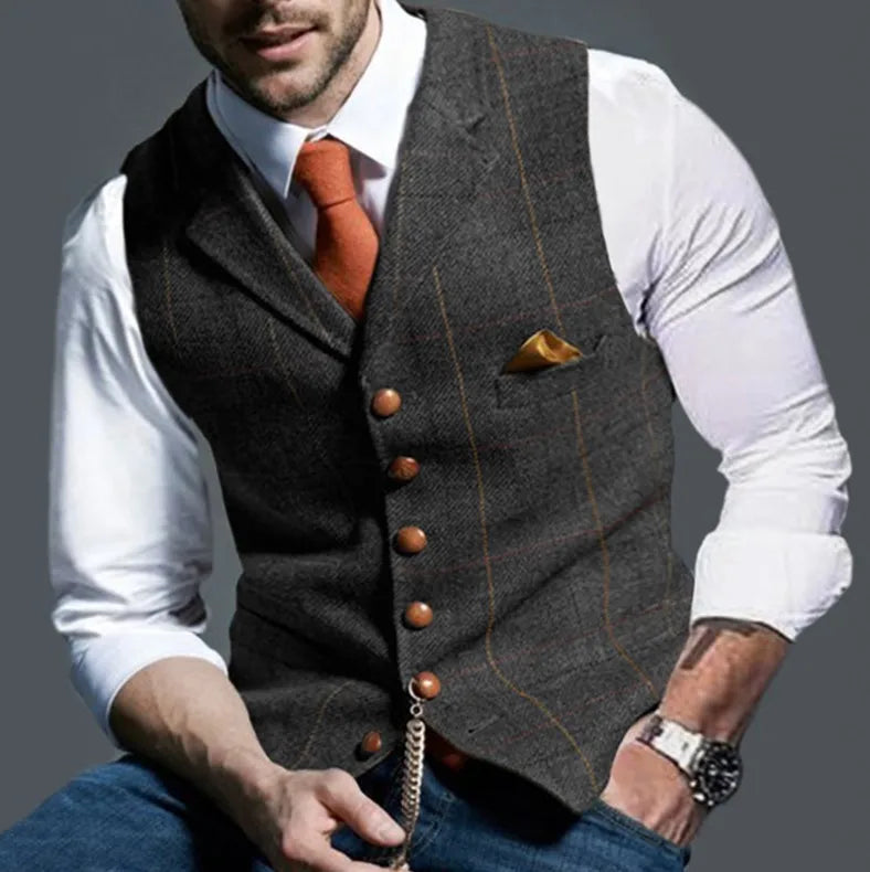 Men's Slim-Fit Plaid Suit Vest – Single-Breasted Casual Waistcoat for Spring & Autumn | European & American Commuter Style