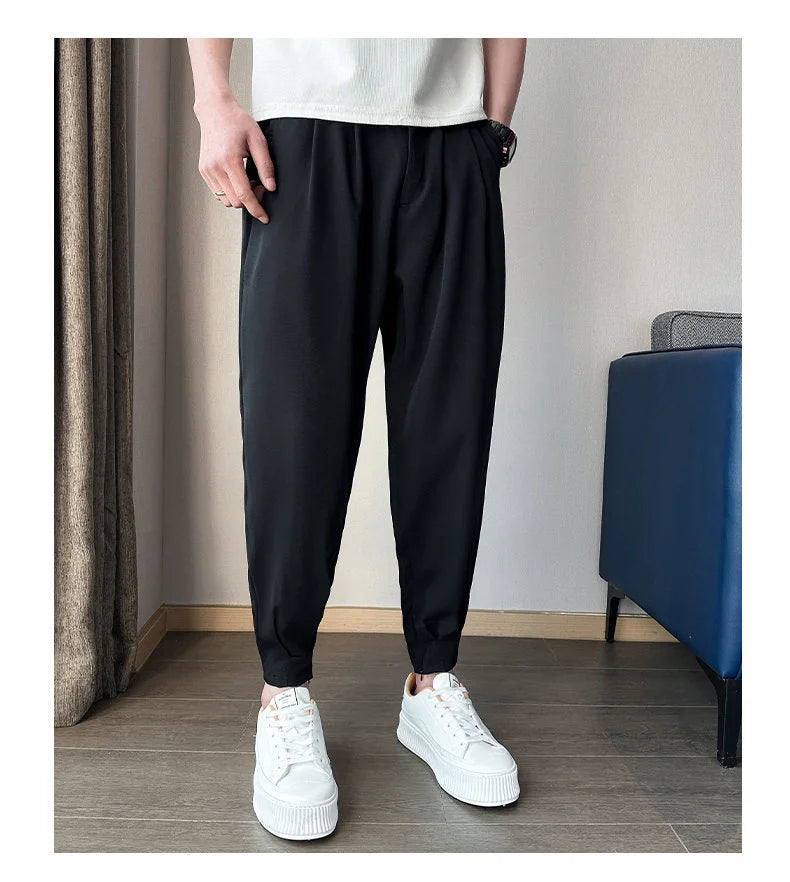 Men’s Spring & Summer Casual Solid Color Ice Silk Trousers — Korean Style Slim Ankle Pants with Zipper Detail, Smooth & Lightweight for a Handsome Look