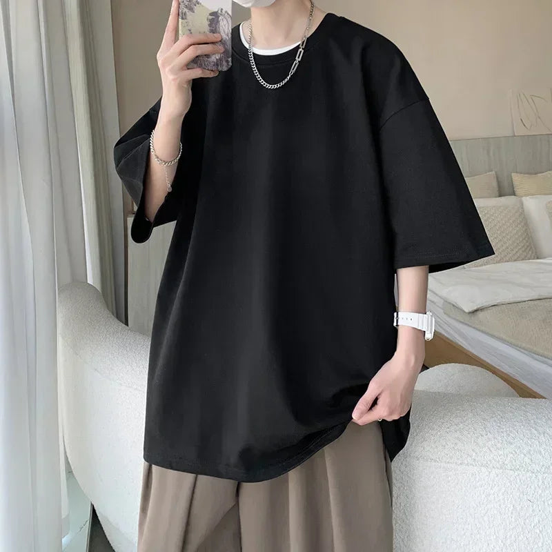 Men’s Oversized White Cotton T-Shirt – Solid Color Summer Casual Fashion Tee, Size up to 5XL