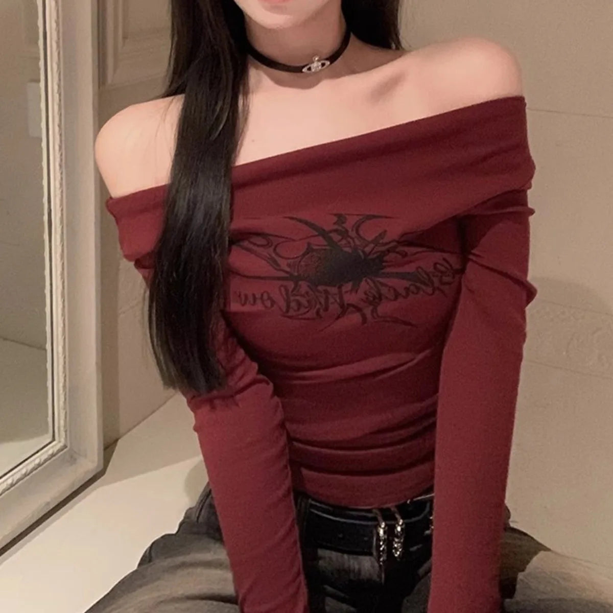 Women's Y2K Gothic Grunge Off-Shoulder Long Sleeve Crop Top – Vintage Korean Streetwear Printed T-Shirt