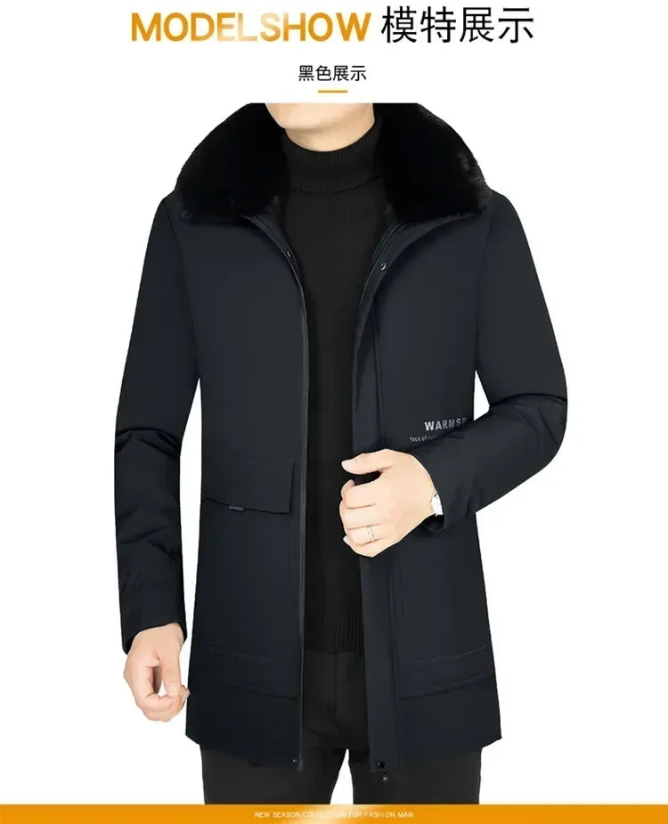 Men’s Solid Winter Parka with Fur Hood – Loose, Waterproof Fleece-Lined Vintage Streetwear Jacket
