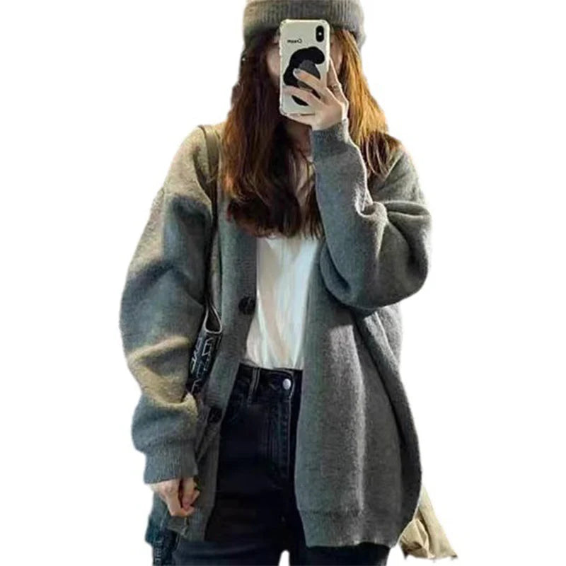 Casual Gray Mid-Length Knit Cardigan for Women with Pockets – Korean Style Open Front Sweater Coat for Autumn