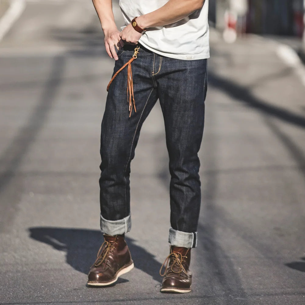 Maden 14oz Men's Vintage Selvedge Denim Jeans – Straight Fit with Horsehide Patch & Paris Buckle, Autumn/Winter Style