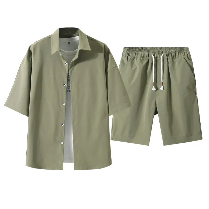2025 Trendy Korean-Style Men's Summer Outfit – Casual Two-Piece Set Featuring Short Sleeve Shirt & Matching Shorts, Stylish High Street Look for Daily & Streetwear Fashion