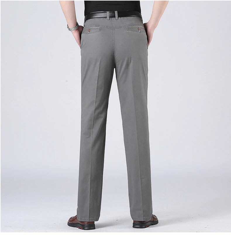 Men's Solid Cotton Straight-Leg Chino Pants – Business Casual Trousers with Belt, Ideal for Autumn & Winter – Classic Formal Style for Adults & Seniors