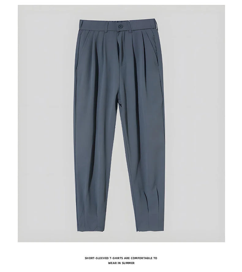 Men’s Spring & Summer Casual Solid Color Ice Silk Trousers — Korean Style Slim Ankle Pants with Zipper Detail, Smooth & Lightweight for a Handsome Look