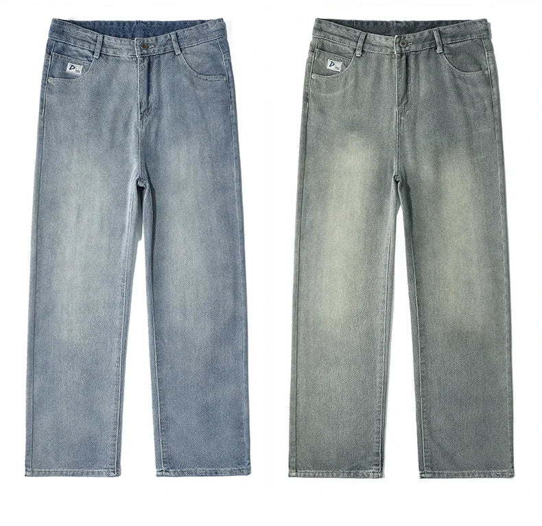 Vintage Men’s Baggy Jeans – Korean Style Starry Sky Fabric, Straight Fit Casual Denim Trousers, High Street Personalized Pants