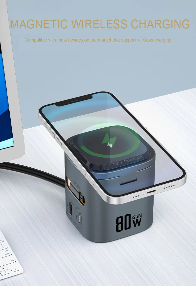 80W 6-in-1 GaN Fast Charger with Wireless Magnetic Adapter – Universal Multifunction Laptop Charging Hub (100-240V, 50/60Hz)
