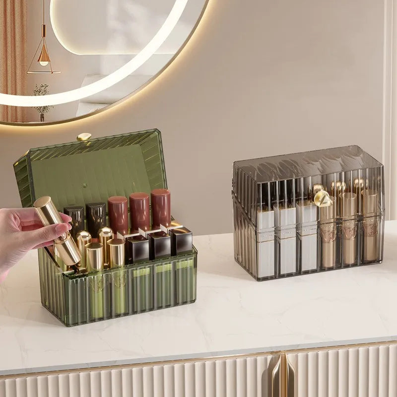 Dustproof Makeup Organizer Box – Lipstick, Brush, Skincare & Palette Storage for Desktop Use