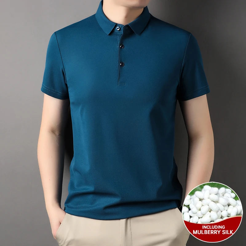 Premium Men's Polo Shirt – Luxury Summer Short Sleeve Casual Top Made with 4.7% Mulberry Silk – Plain Design, Elegant and Stylish 