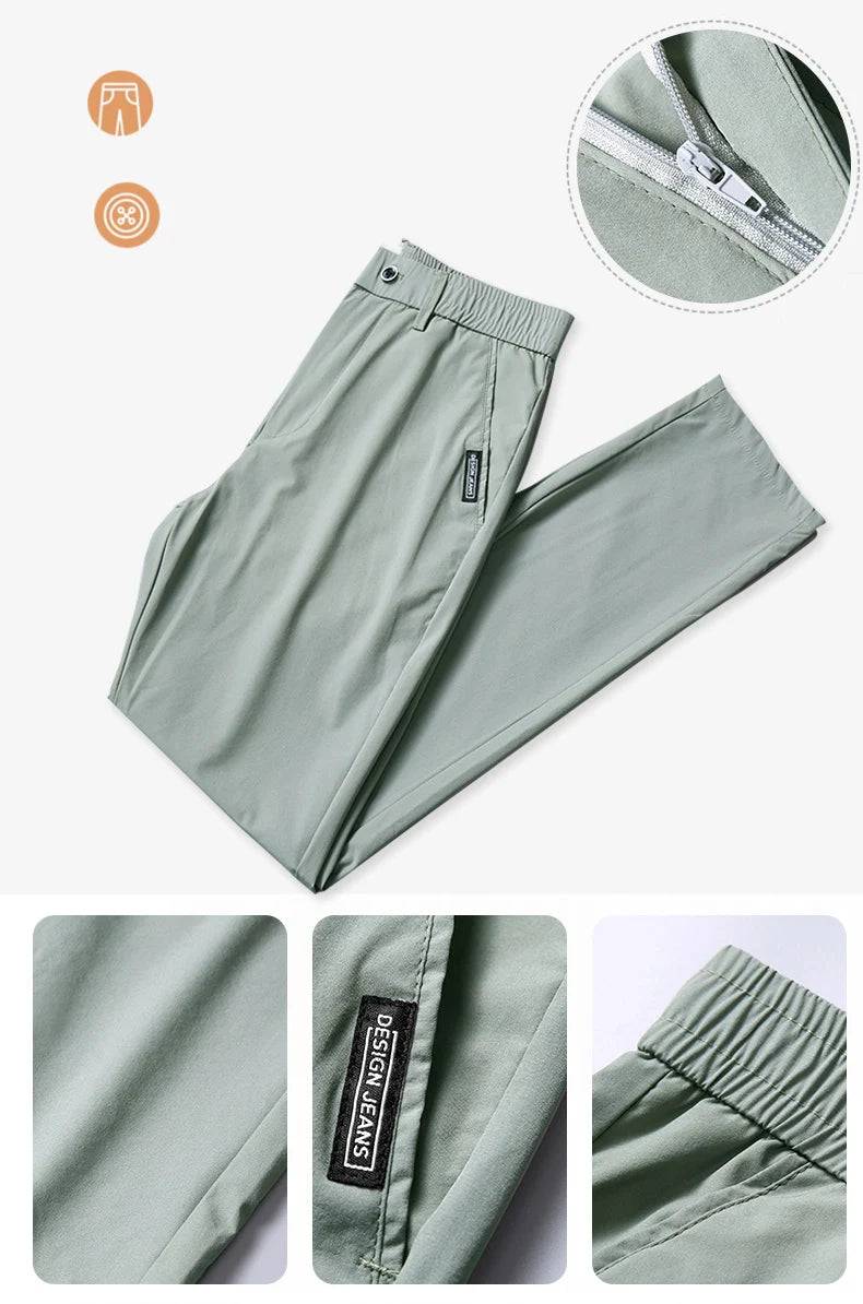 Men's Summer Silk-Feel Stretch Trousers – Lightweight Classic Business Casual Pants with Elastic Waist – Korean Style Smooth Suit Pants in Black or Gray