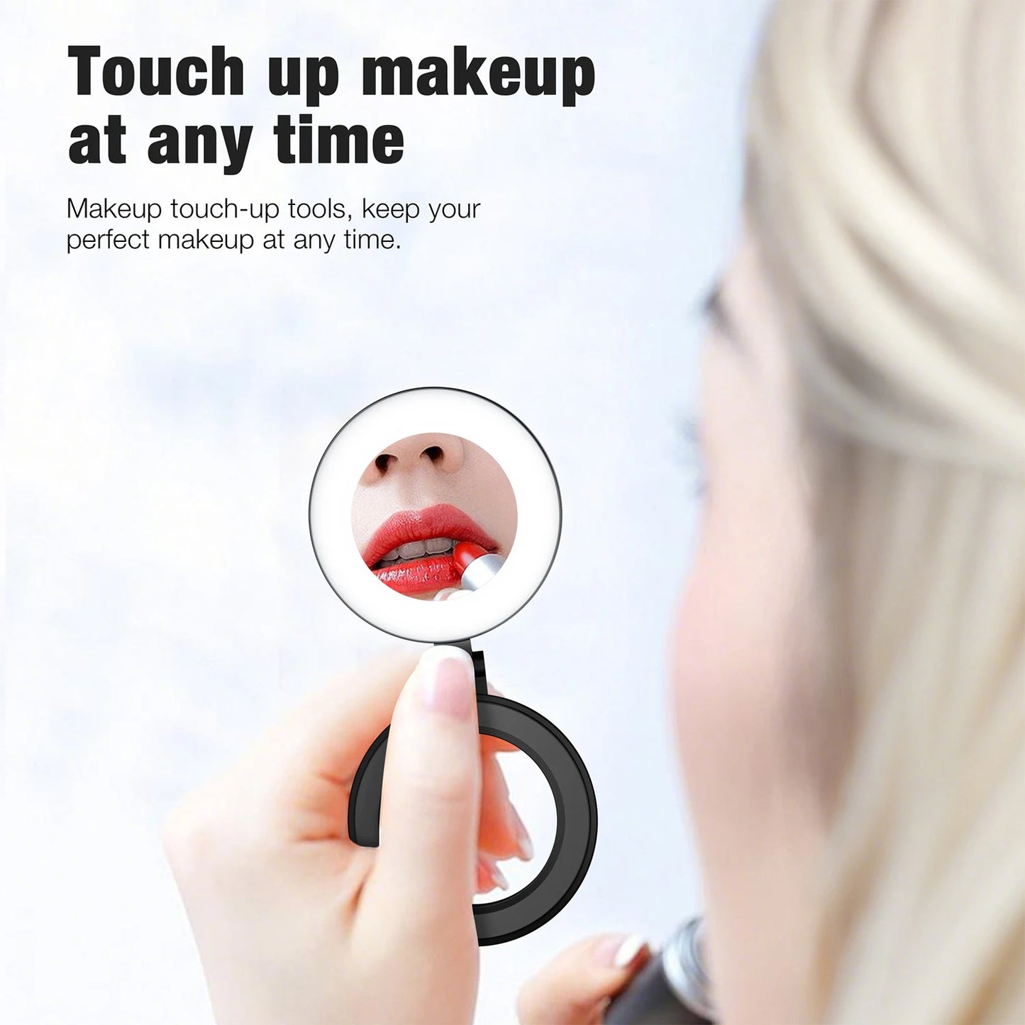 Portable Magnetic Selfie Ring Light with Built-in Mirror, Foldable 180° LED Phone Flash Compatible with MagSafe