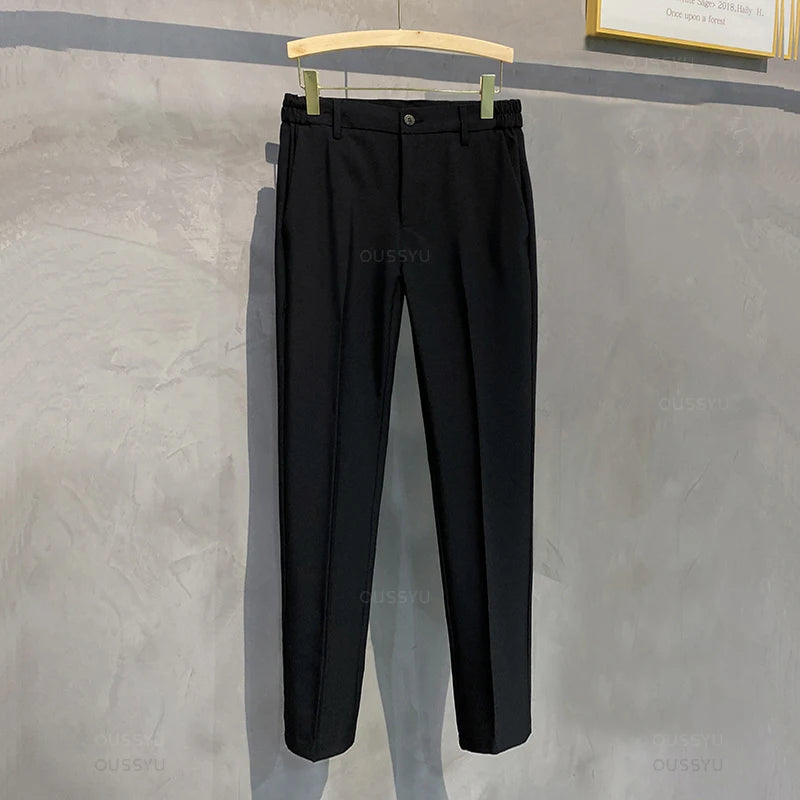 2025 Spring-Summer Men's Slim Fit Casual Business Jogger Pants with Elastic Waist, Available in Plus Sizes 40 and 42, Black