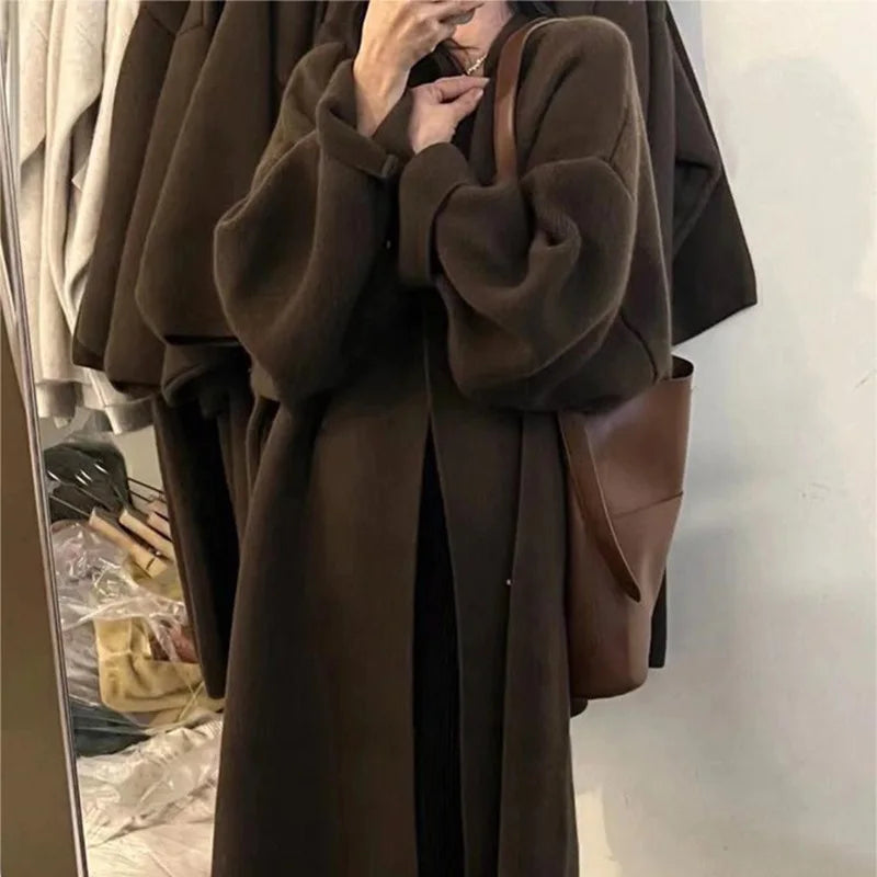 2024 Women's V-Neck Knit Cardigan – Long Sleeve Open Front Sweater, Loose Fit Solid Color Winter Outerwear