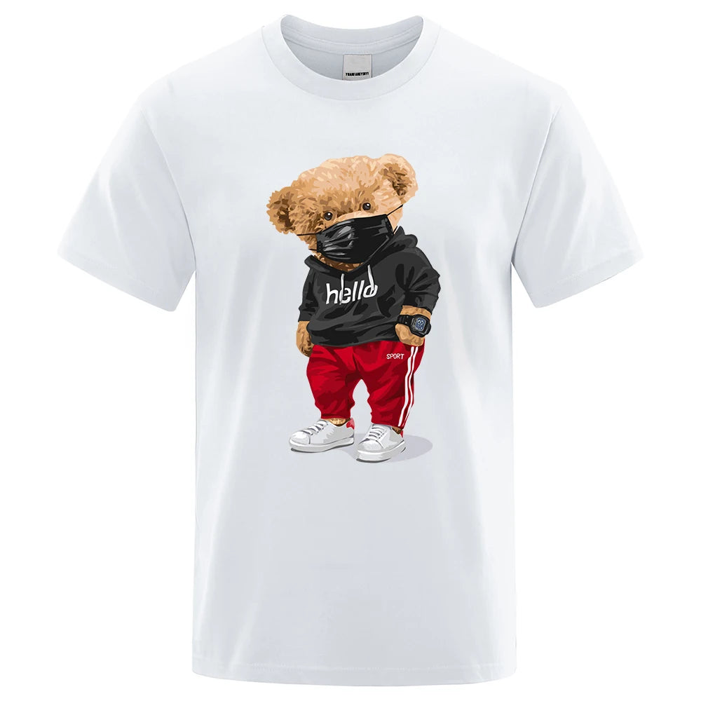 Bear Print Cotton Oversized Short-Sleeve Sports T-Shirt for Men – Casual Summer Half-Sleeve Tee, Sizes S-XXXL