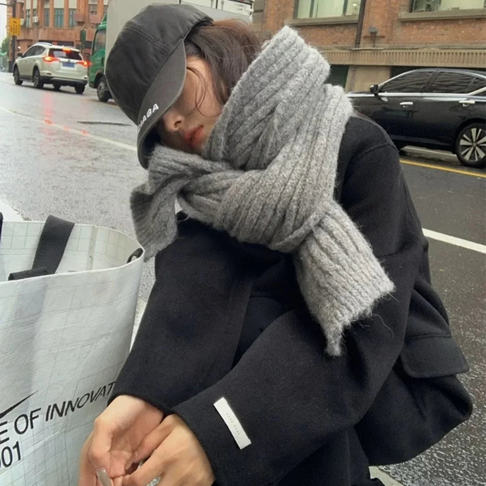 High-End Korean Style Thick Knit Scarf for Women – Warm Woolen Solid Color Winter & Autumn Wrap