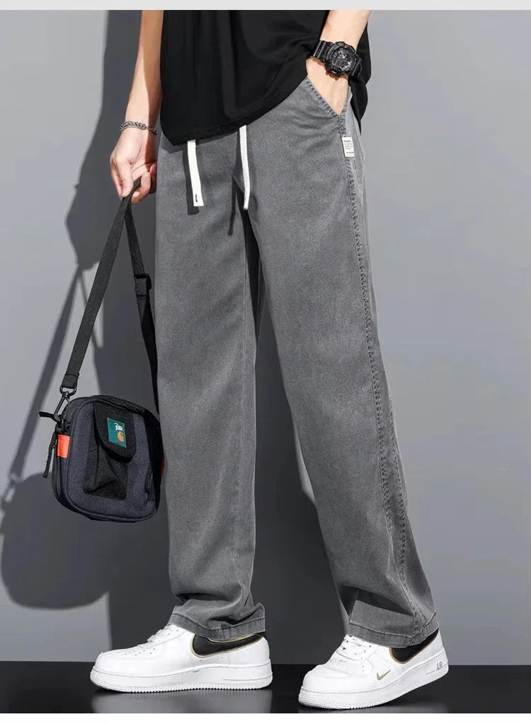 2025 Summer Men's Lightweight Lyocell Jeans – Loose Fit, Straight-Leg Casual Pants with Elastic Waist and Drawstring, Korean Style 