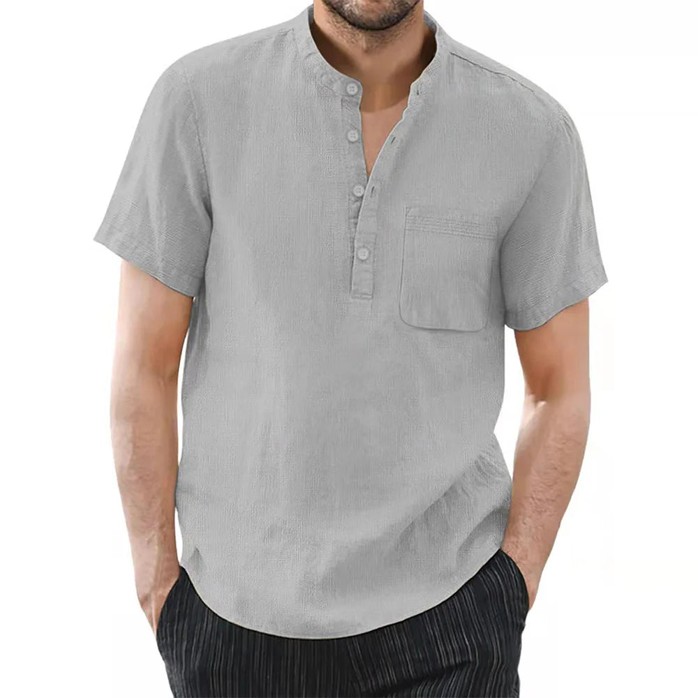 Men’s Casual Short Sleeve Cotton-Linen T-Shirt – Solid Color, Breathable and Comfortable Summer Shirt