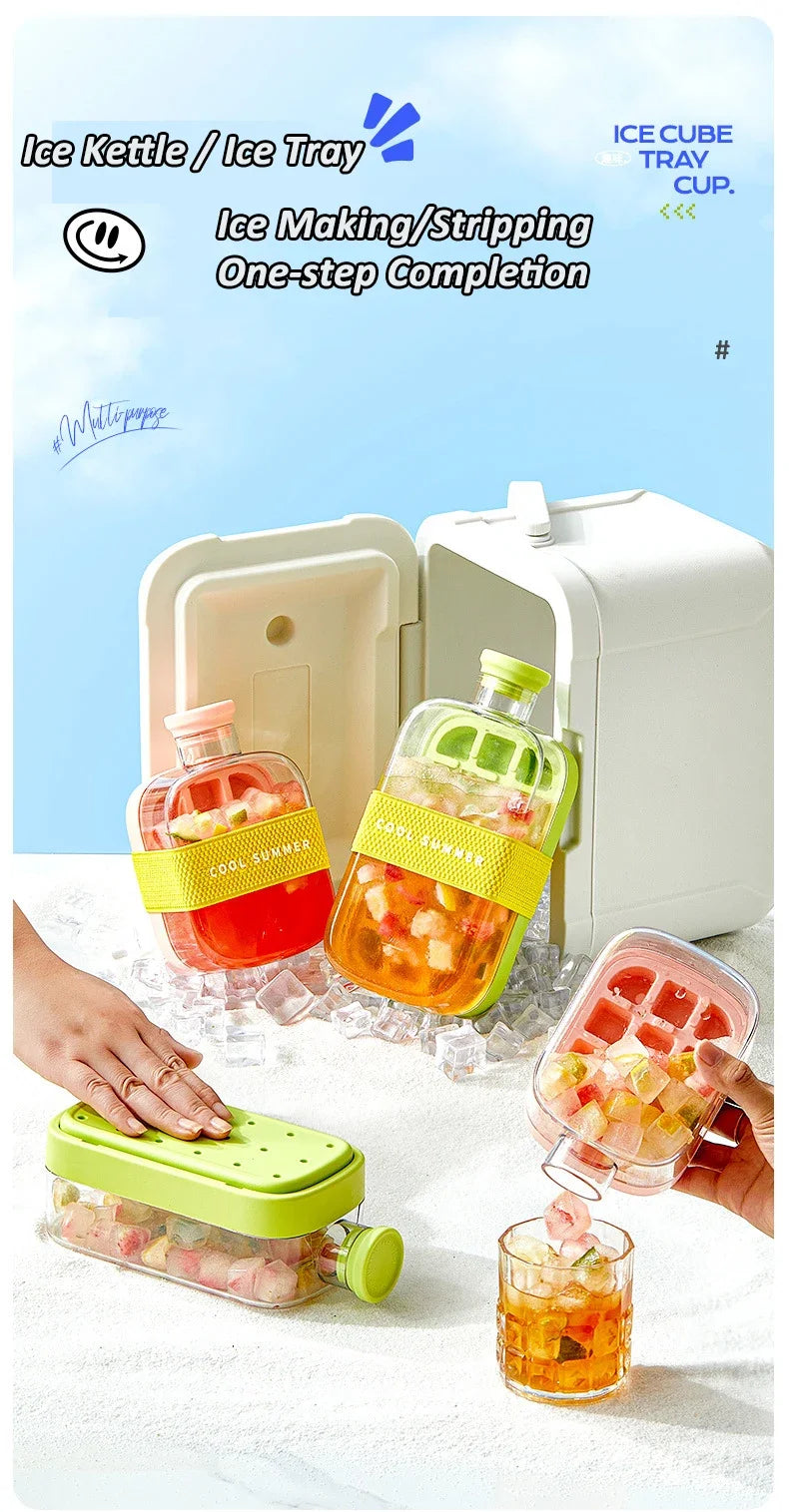 No-Spill Ice Cube Tray with Lid – Touch-Free Silicone Ice Mold for Freezer with Straw & Cable Tie