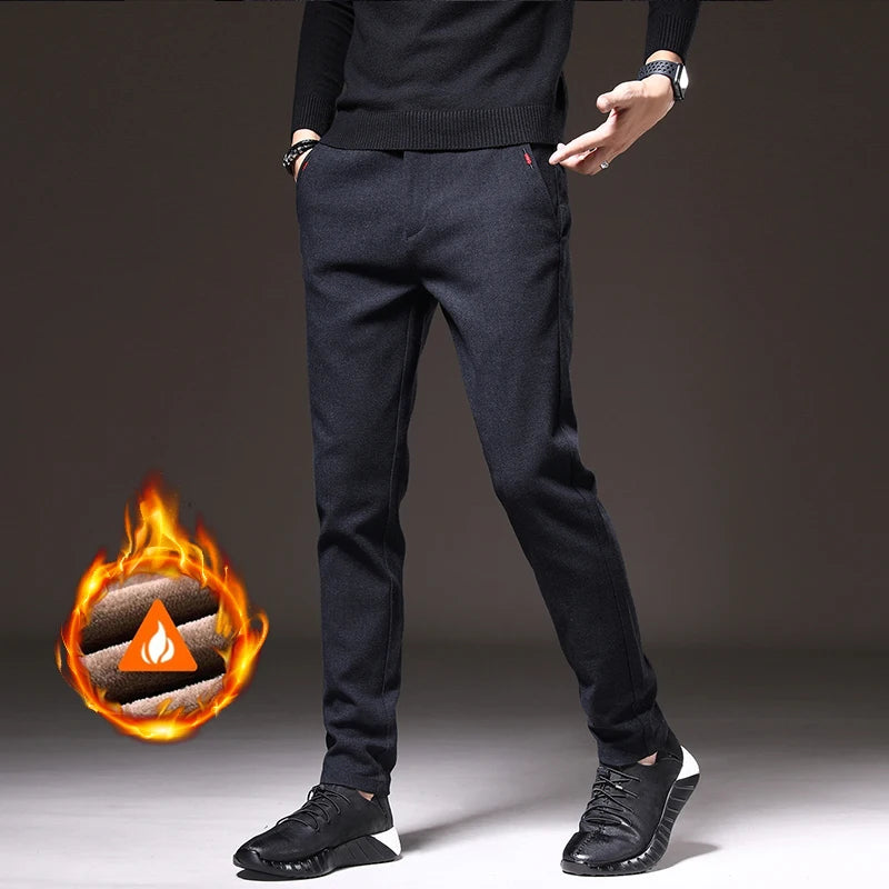 Men's Winter Fleece-Lined Slim Fit Pants – Thick Warm Straight-Leg Casual Business Trousers (Sizes 28-38)