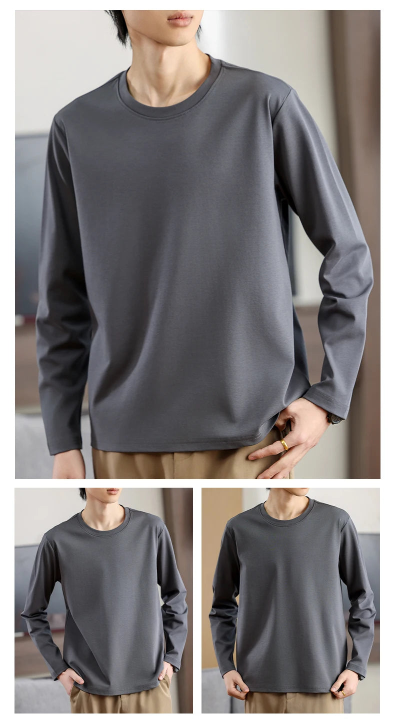 Men's Summer Long Sleeve T-shirt – Solid Color, Round Neck, Casual Style, Made from Mercerized Cotton