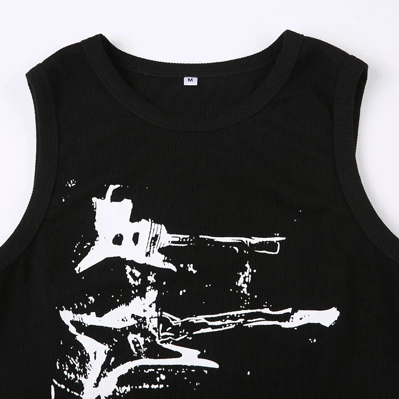 Y2K Ribbed Sleeveless Crop Tank Top for Women – Guitar Print Grunge Harajuku 90s Streetwear Casual Vest Tee
