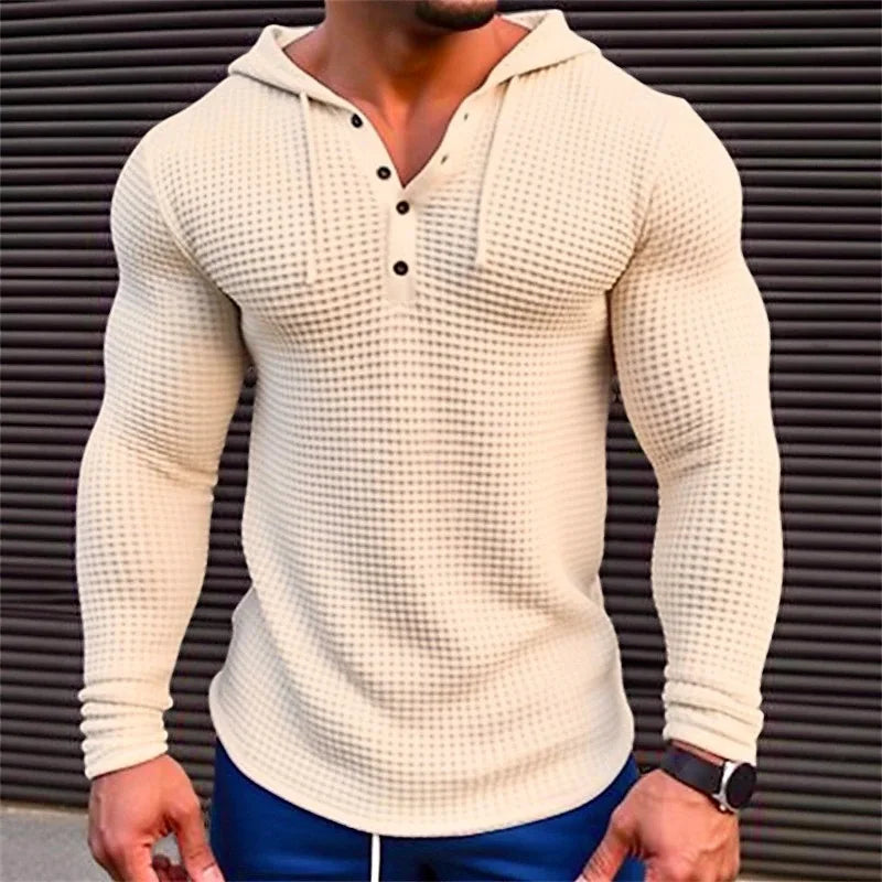 Men's Slim Fit Waffle Knit Long Sleeve Pullover – Solid Color Casual Streetwear Top, Comfortable Outdoor T-Shirt (Sizes M-3XL)