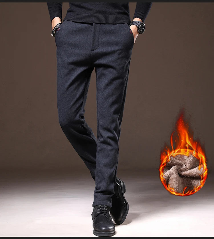 Men's Winter Fleece-Lined Slim Fit Pants – Thick Warm Straight-Leg Casual Business Trousers (Sizes 28-38)
