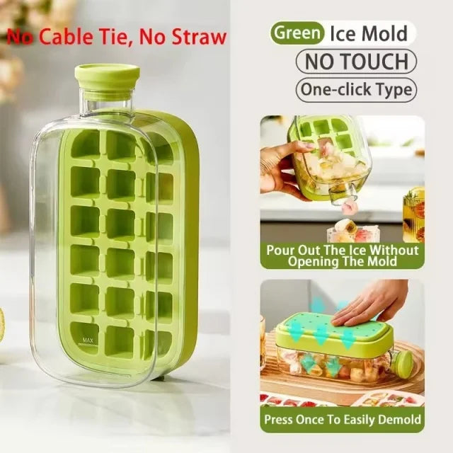 No-Spill Ice Cube Tray with Lid – Touch-Free Silicone Ice Mold for Freezer with Straw & Cable Tie