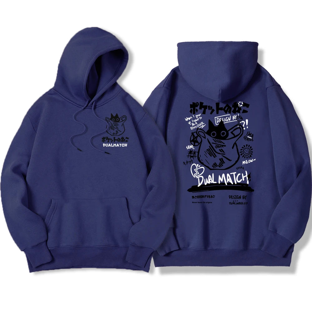 Y2K Harajuku Kawaii Cat Couple Print Hoodie – Unisex Oversized Fleece Pullover for Autumn, Warm Hip Hop Style Sweatshirt