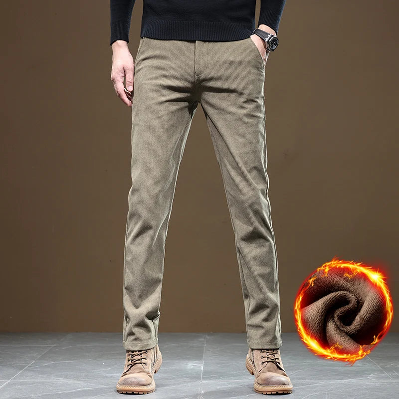 2024 New Men’s Winter Fleece-Lined Corduroy Pants – Slim Fit, Stretchy, Thickened Casual & Business Trousers in Gray & Khaki