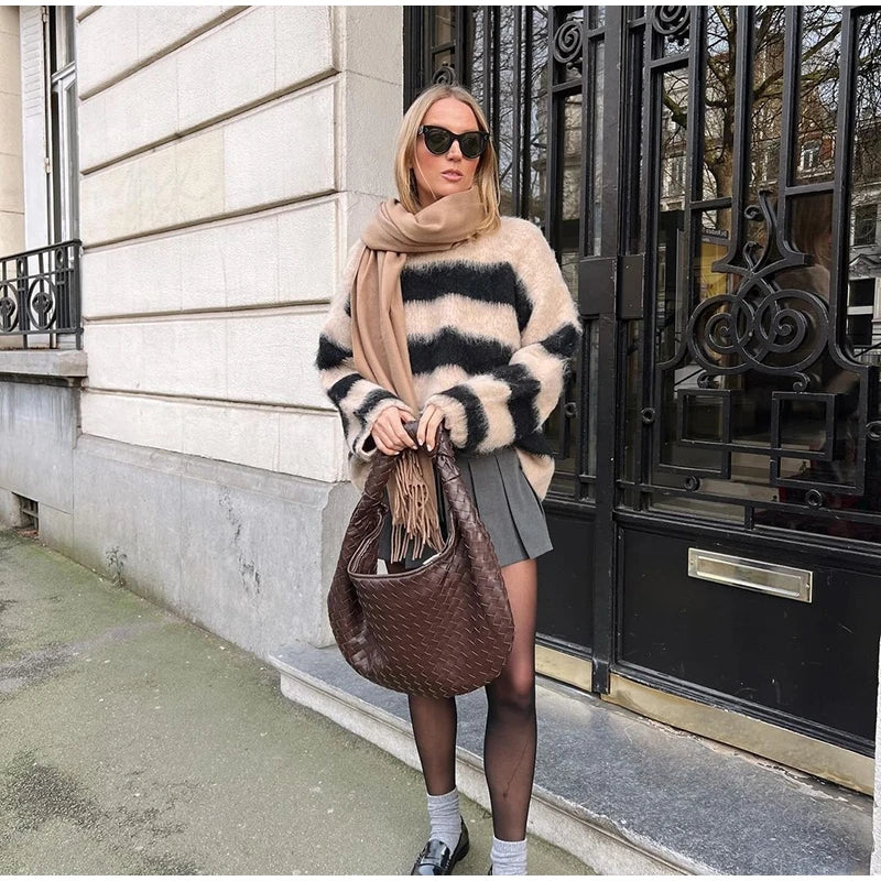Women's Cozy Mohair Striped Knit Sweater – Warm O-Neck Pullover with Full Sleeves, Autumn 2025 Fashion