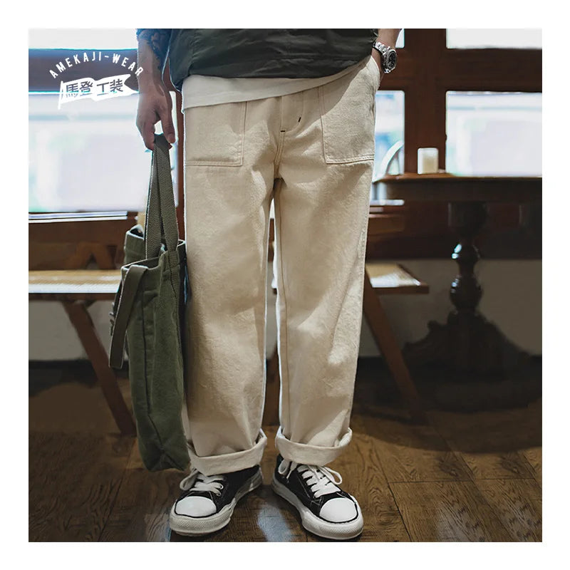 Maden Vintage Style 11.2oz White Cottonseed Hull Loose Straight-Leg Jeans for Men – Casual Spring & Autumn Chino-Inspired Cargo Trousers 