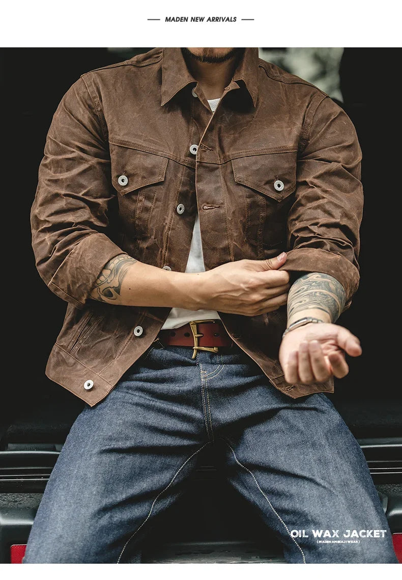 Maden Men's Retro Amekaji Style Oil-Waxed Canvas Jacket – Lightweight Military-Inspired Workwear Coat in Khaki Cotton for Casual and Safari Looks