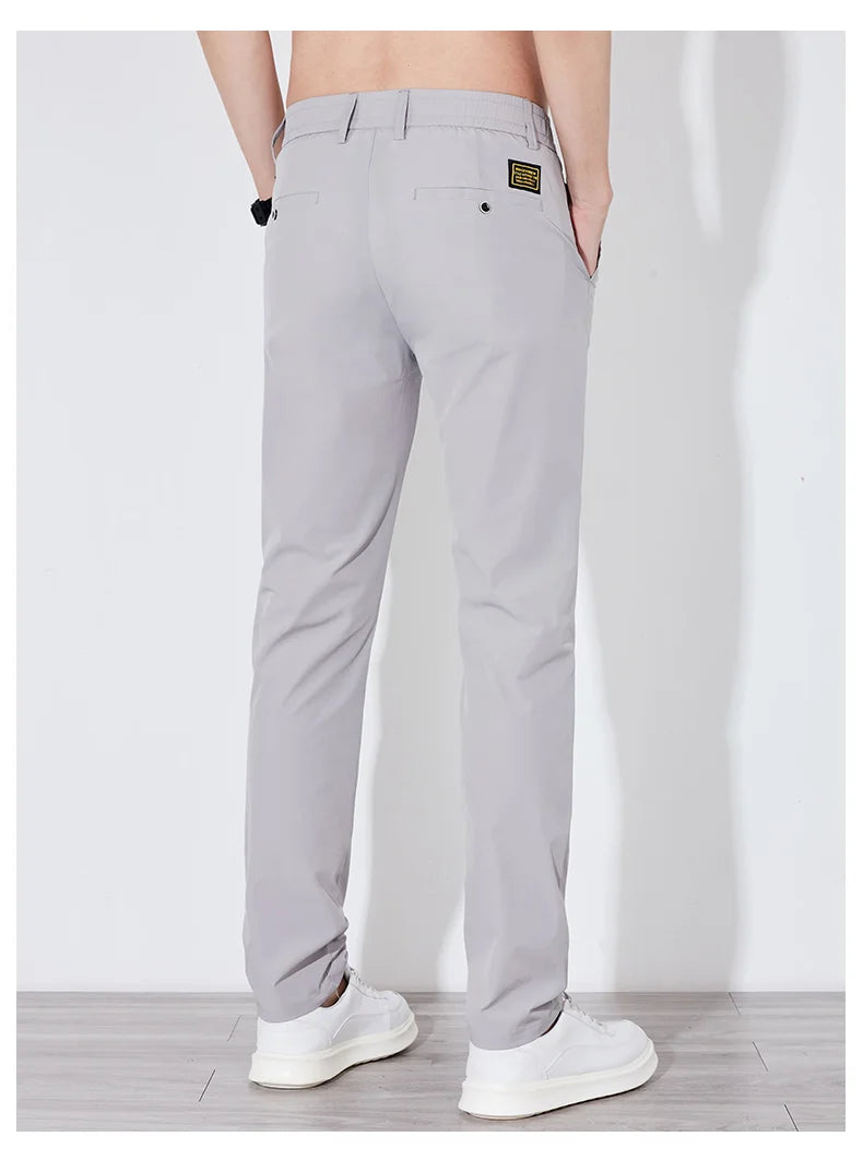 Men's Summer Silk-Feel Stretch Trousers – Lightweight Classic Business Casual Pants with Elastic Waist – Korean Style Smooth Suit Pants in Black or Gray