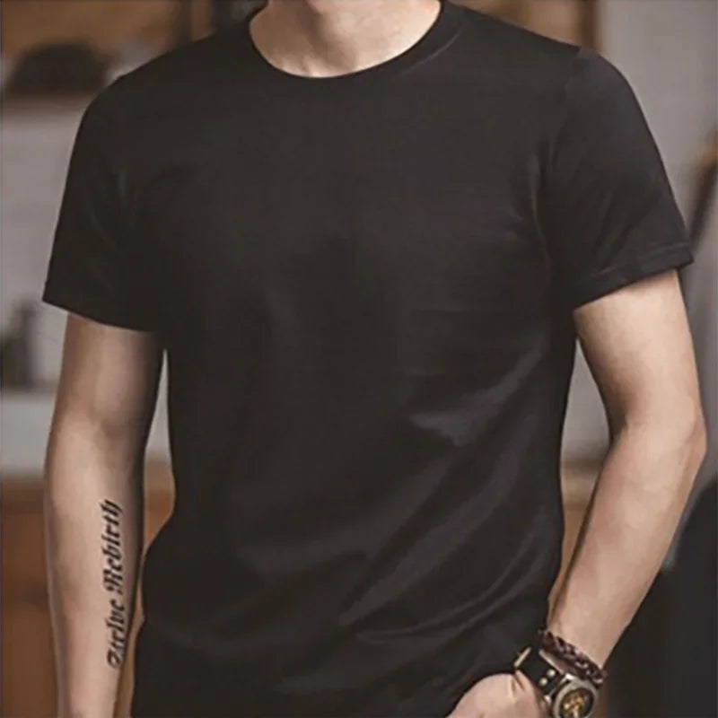 Classic Men’s Summer T-Shirt – 1 or 2 Pack Solid Cotton Short Sleeve Round Neck Tees in Black and Beige, Heavyweight and Versatile