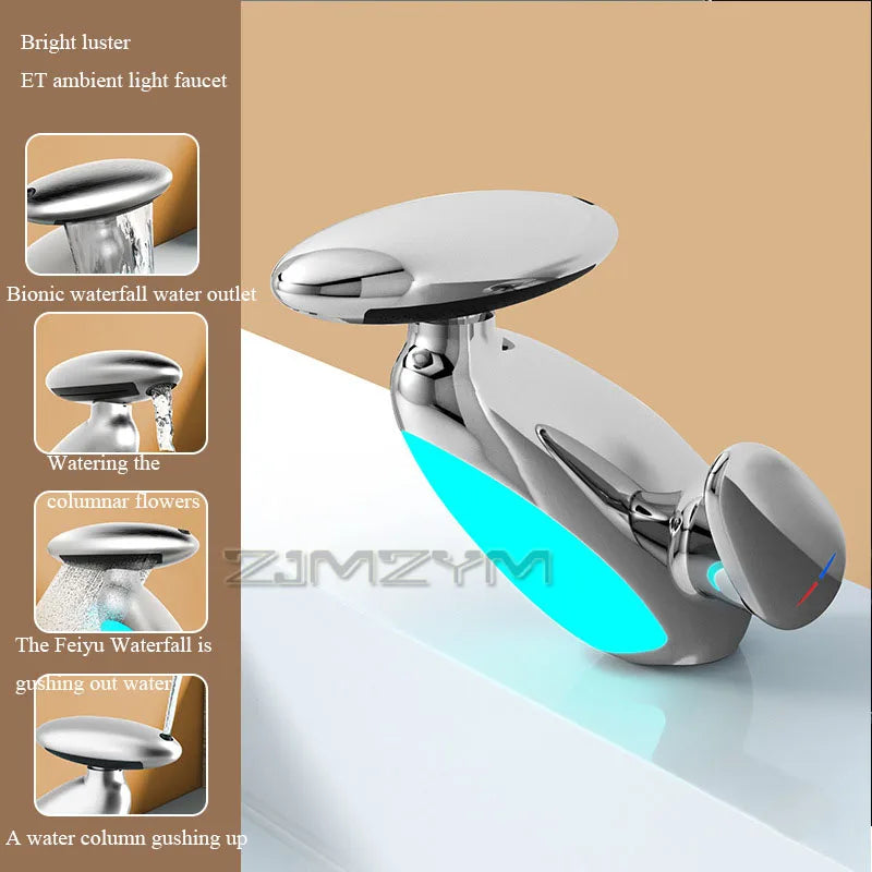 360° Rotating LED Basin Faucet with 4 Water Modes, Pull-Out Spout & Temperature Sensor – Drip-Free Hot & Cold Mixer Tap
