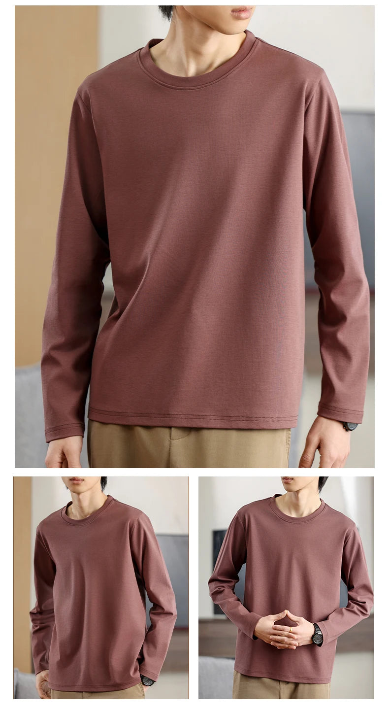 Men's Summer Long Sleeve T-shirt – Solid Color, Round Neck, Casual Style, Made from Mercerized Cotton