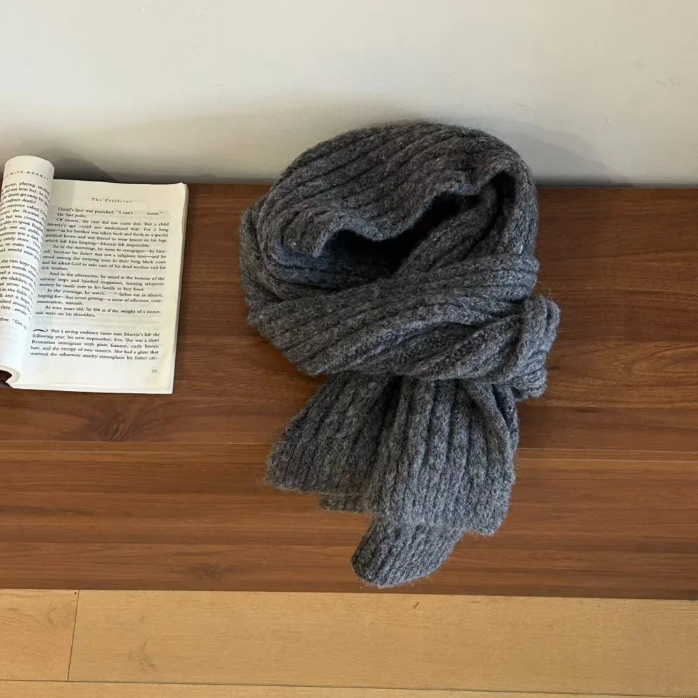 High-End Korean Style Thick Knit Scarf for Women – Warm Woolen Solid Color Winter & Autumn Wrap