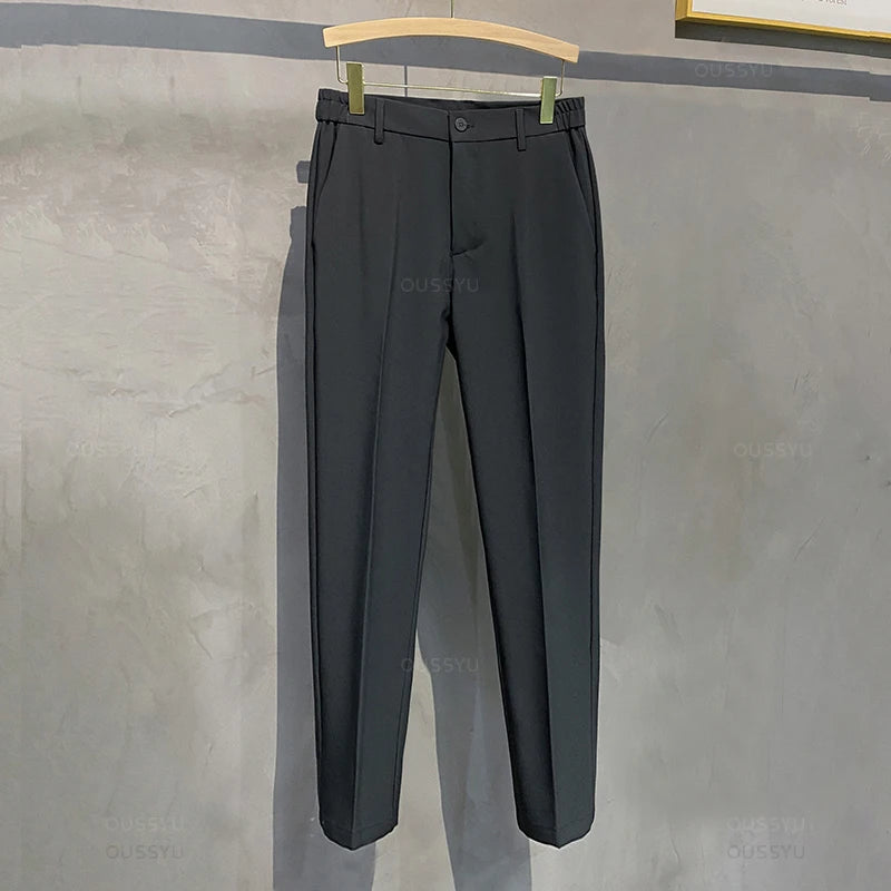 2025 Spring-Summer Men's Slim Fit Casual Business Jogger Pants with Elastic Waist, Available in Plus Sizes 40 and 42, Black