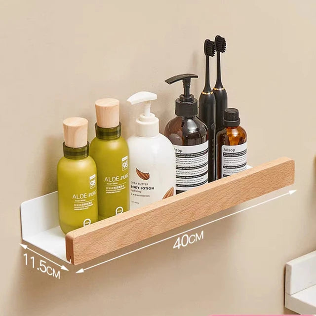 No-Drill Wall-Mounted Solid Wood Corner Bathroom Shelf — Shower Storage Rack and Toilet Shampoo Holder