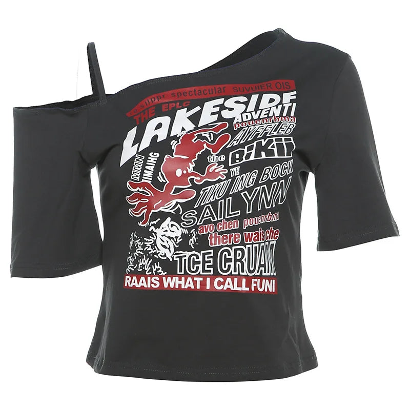 Y2K Gothic Off-Shoulder Crop Top – Women's Punk Style Letter Print T-Shirt, Harajuku Aesthetic Grunge Streetwear for Summer