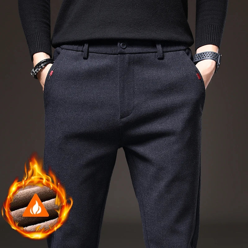 Men's Winter Fleece-Lined Slim Fit Pants – Thick Warm Straight-Leg Casual Business Trousers (Sizes 28-38)