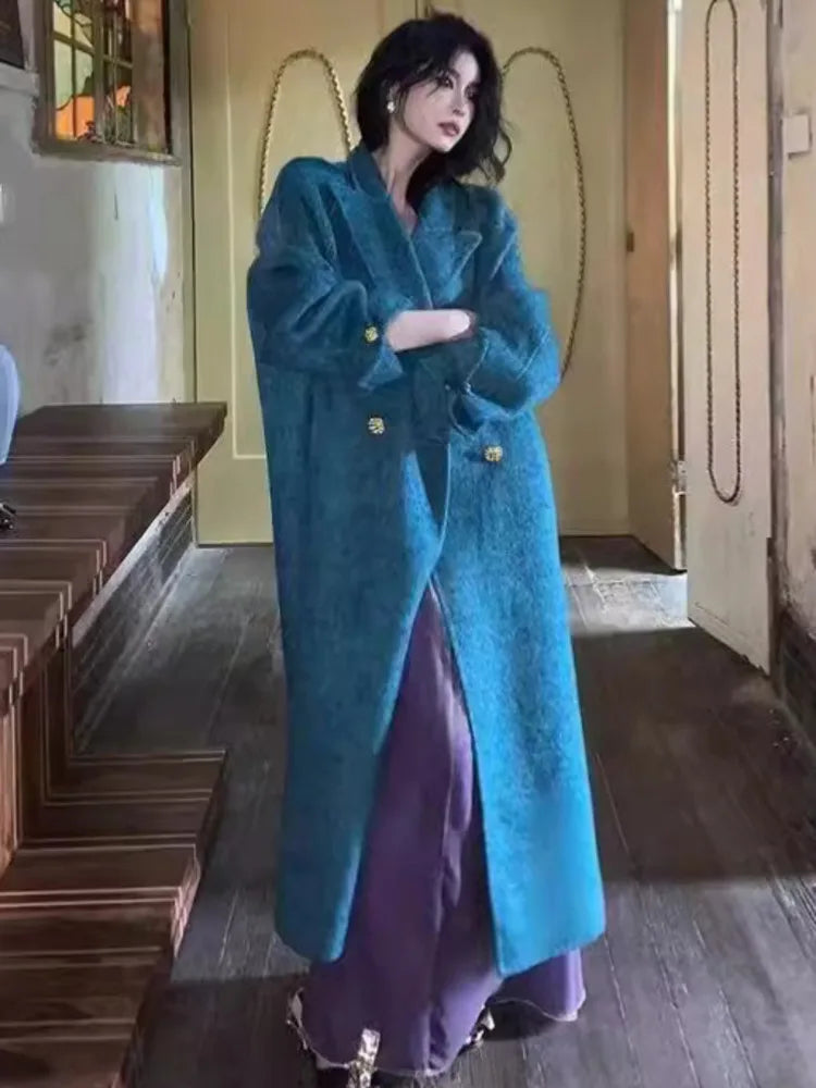 ZMEENNA Elegant Blue Wool Blend Long Winter Coat for Women – Double-Breasted Lapel Overcoat with Loose Fit and Warm Design (Model ZM3425)