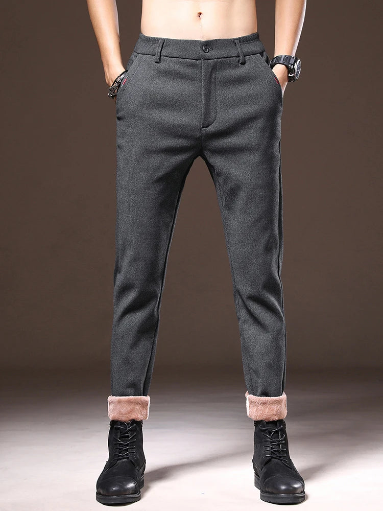 Men's Winter Fleece-Lined Slim Fit Pants – Thick Warm Straight-Leg Casual Business Trousers (Sizes 28-38)