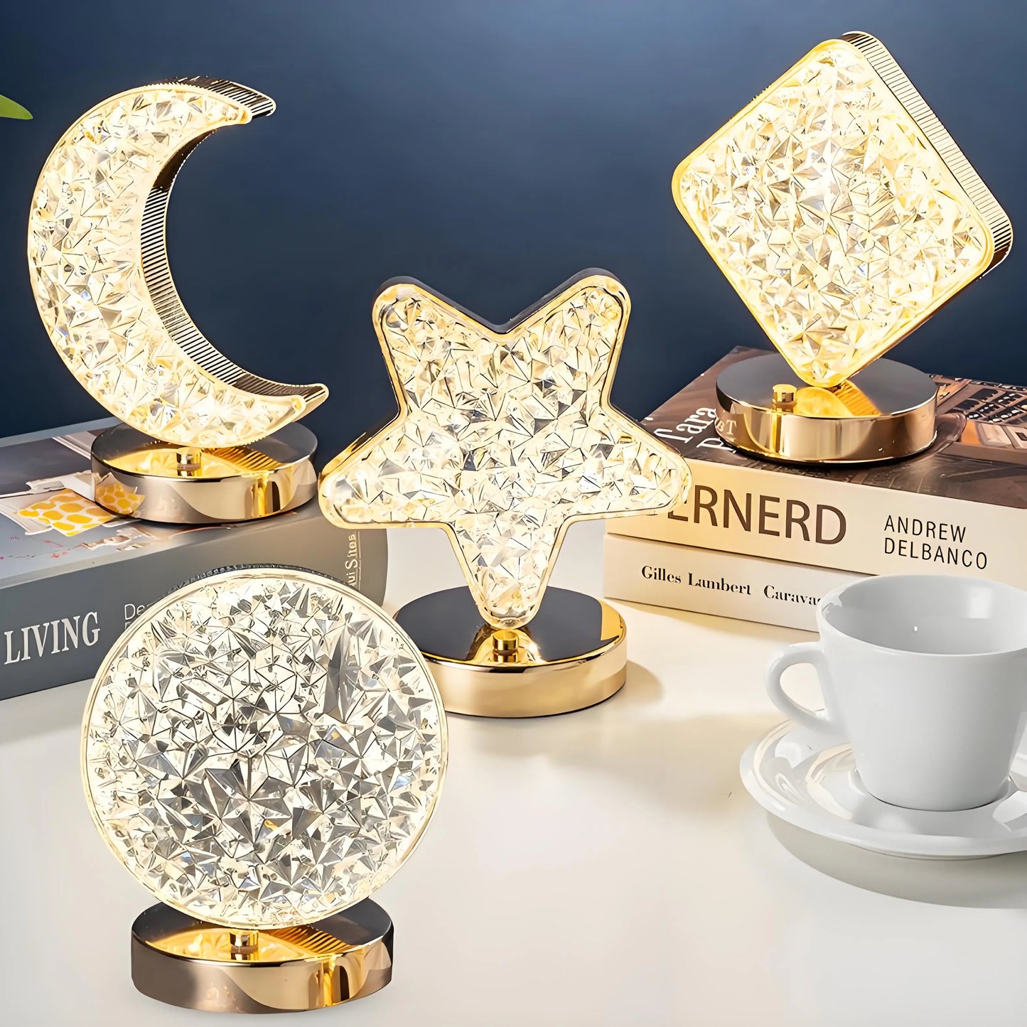Rechargeable Crystal Touch Dimmable Night Lamp for Bedroom, Girls’ Room, USB LED Ambient Table Light with 3D Moon Design