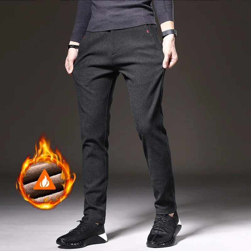Men's Winter Fleece-Lined Slim Fit Pants – Thick Warm Straight-Leg Casual Business Trousers (Sizes 28-38)
