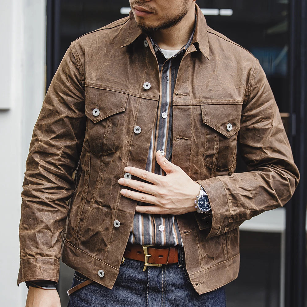 Maden Men's Retro Amekaji Style Oil-Waxed Canvas Jacket – Lightweight Military-Inspired Workwear Coat in Khaki Cotton for Casual and Safari Looks