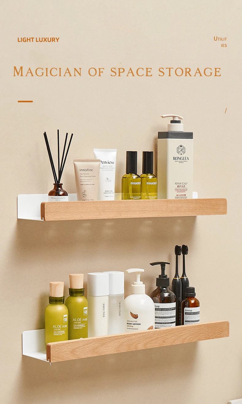 No-Drill Wall-Mounted Solid Wood Corner Bathroom Shelf — Shower Storage Rack and Toilet Shampoo Holder