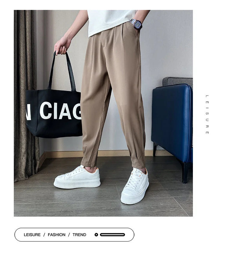 Men’s Spring & Summer Casual Solid Color Ice Silk Trousers — Korean Style Slim Ankle Pants with Zipper Detail, Smooth & Lightweight for a Handsome Look